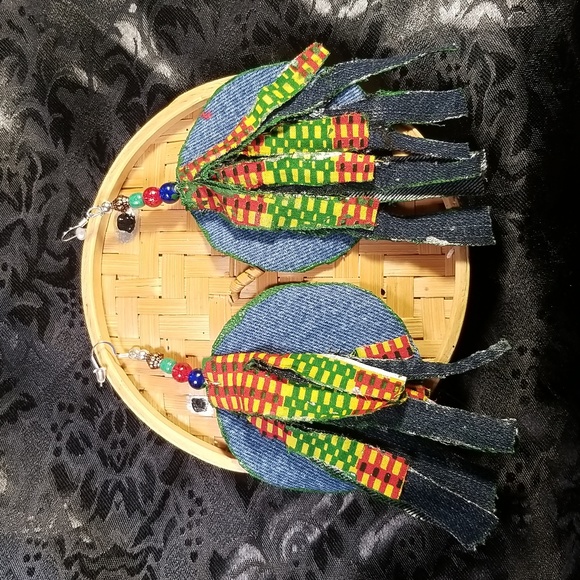 Jazzy Blue Jean fabric kente cloth print African fabric Fringes earrings - Picture 6 of 9